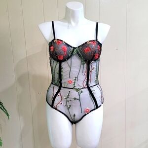 Women Black Midnight Lingerie Floral Embroidered-Tulle Sheer Bodysuit Sz L NWOT